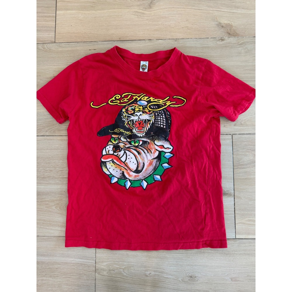 Ed Hardy Kids Red Graphic T-Shirt Bulldog Tiger Tattoo Print Size 7/8